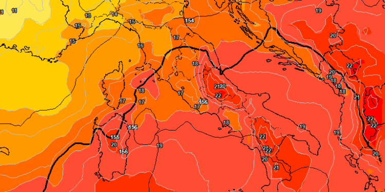 Nella figura, la situazione ad 850 hpa prevista per le ore 14:00 di Mercoledì 13 Settembre. Cielo poco nuvoloso sulla Marsica con qualche locale addensamento pomeridiano ed ancora clima molto mite