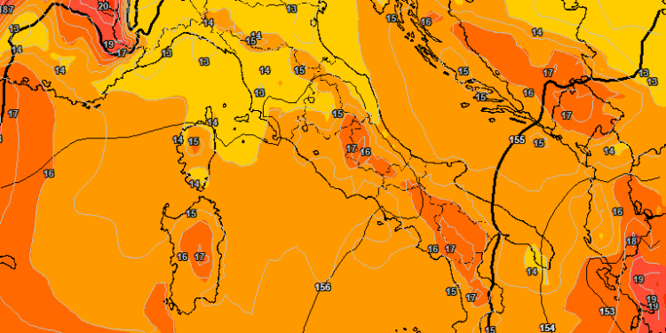 La possibile situazione secondo GFS ad 850 hpa prevista per le ore 14:00 di Giovedì 6.Temperature in aumento per l'anticiclone sub tropicale che tenderà a portarsi verso l'Italia