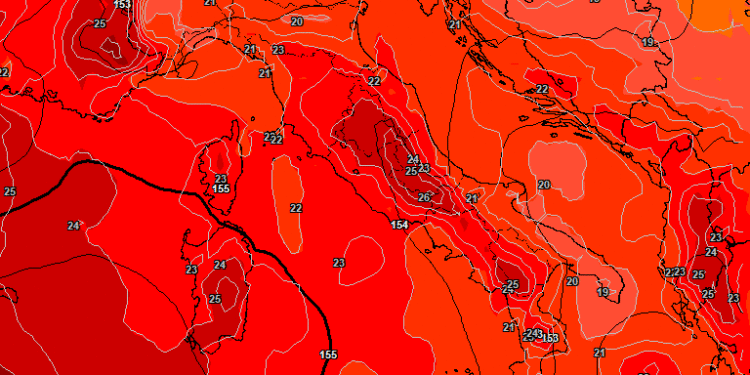 La situazione ad 850 hpa prevista da GFS per le ore 14:00 di Mercoledì 31. Sulla Marsica condizioni stabili e caldo