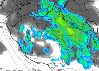 La situazione vista da GFS per le ore 14:00 di Lunedì 19. Piogge su tutta la Marsica.