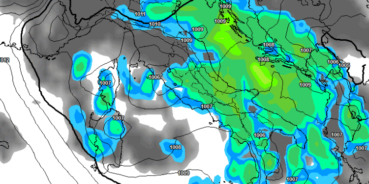 La situazione vista da GFS per le ore 14:00 di Lunedì 19. Piogge su tutta la Marsica.