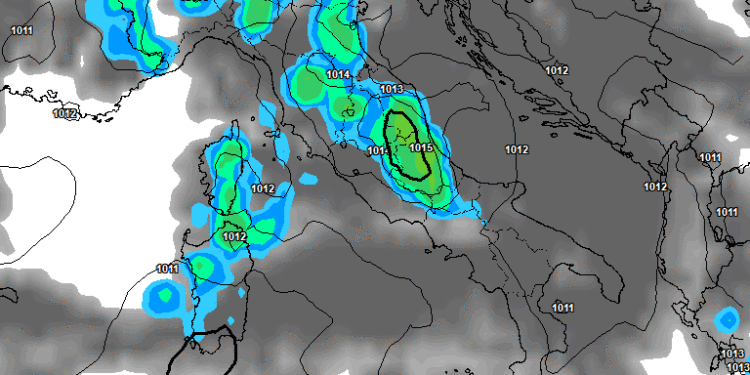 La situazione che appare possibile nella serata di Lunedì 2 Settembre secondo GFS, che vede piogge e temporali anche sulla Marsica