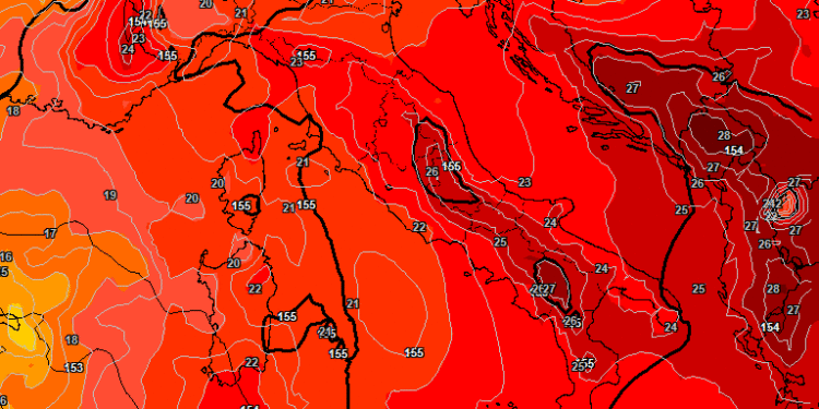 La possibile situazione ad 850 hpa alle ore 14:00 di Giovedì 15, giorno di ferragosto. Sulla Marsica, condizioni di tempo stabile e soleggiato al mattino, qualche addensamento nel corso del pomeriggio