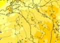 La situazione ad 850 hpa secondo il modello GFS previsto per le ore 14:00 di Martedì 22. Sulla Marsica, clima mite per il periodo in essere con venti da sud e qualche rovescio pomeridiano