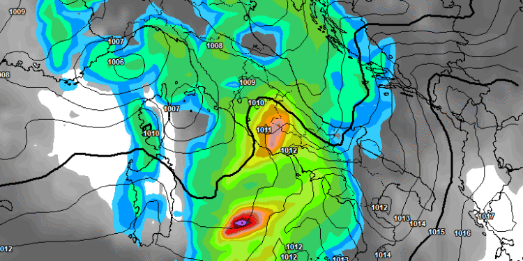 La situazione delle precipitazioni come la vede il modello americano adesso per le prime ore del mattino di Mercoledì 9 Ottobre. Precipitazioni anche forti sulla Marsica