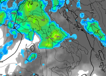 La probabile situazione prevista da GFS per le ore 14:00 di Giovedì17. Piogge in arrivo, moderati ma non esclusi anche forti sul territorio marsicano