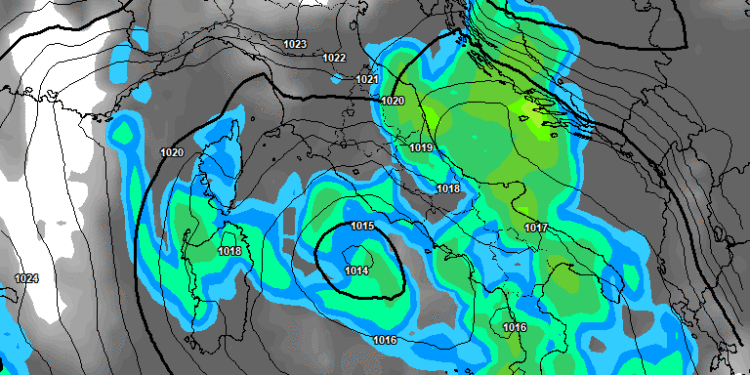 In figura la possibile situazione vista ora da GFS nella serata di Mercoledì 4 Dicembre. Minimo depressionario sul tirreno centrale con piogge e nevicate oltre i 1200 m circa