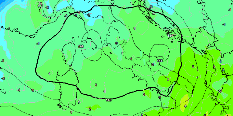 La possibile situazione ad 850 hpa per Martedì 10 alle ore 13:00. Sulla Marsica condizioni di tempo variabile e con la possibilità di qualche debole e veloce fenomeno