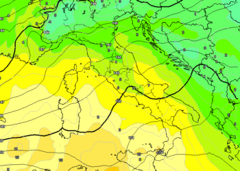 La possibile situazione ad 850 hpa secondo GFS alle ore 13:00 di Giovedì 23 Gennaio. Sulla Marsica condizioni di tempo variabile con venti da ovest ed aumento delle temperature.