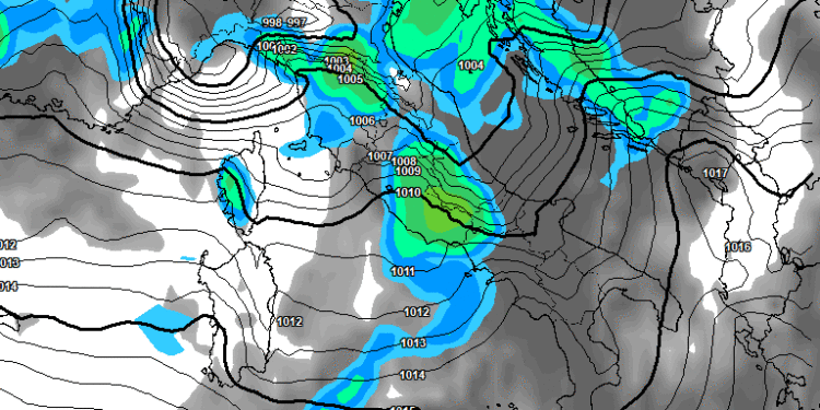 Secondo il modello americano GFS, questa appare la situazione delle precipitazioni alle ore 13:00 di Martedì 28. Sulla Marsica fenomeni moderati per buona parte della giornata.