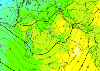 Nel modello GFS ad 850 hpa prevista per Martedì alle ore 13:00, ancora vento e clima non freddo, cielo variabile o alquanto nuvoloso