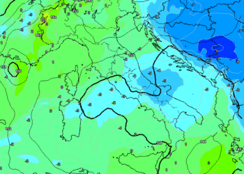 La situazione ad 850 hpa secondo il modello americano GFS previsto per le ore 13:00 di Mercoledì. Sulla Marsica cielo poco nuvoloso e clima abbastanza freddo, soprattutto nelle ore notturne