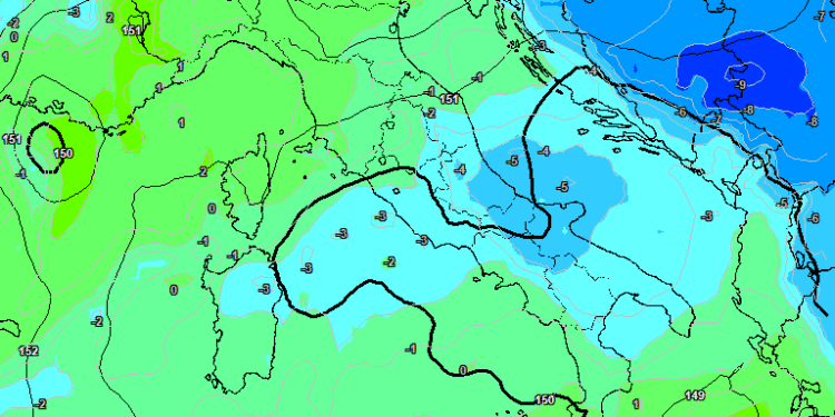 La situazione ad 850 hpa secondo il modello americano GFS previsto per le ore 13:00 di Mercoledì. Sulla Marsica cielo poco nuvoloso e clima abbastanza freddo, soprattutto nelle ore notturne