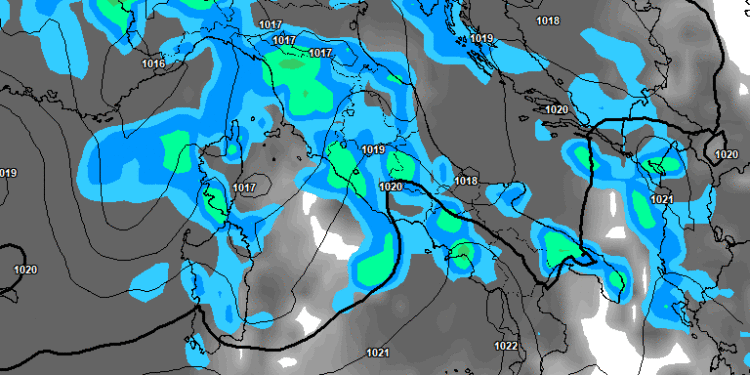 La situazione secondo il modello americano GFS prevista per le ore 16:00 di Martedì 25 Febbraio. Piogge anche moderate sulla Marsica, quota neve oltre i 1400 m circa