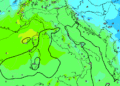 La situazione secondo GFS per le ore 13:00 di Giovedì 6 Febbraio. Sulla Marsica cielo poco nuvoloso con gelate notturne ed al primo mattino