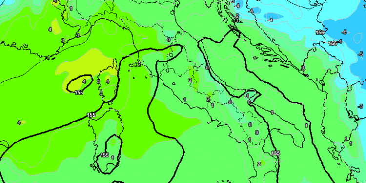 La situazione secondo GFS per le ore 13:00 di Giovedì 6 Febbraio. Sulla Marsica cielo poco nuvoloso con gelate notturne ed al primo mattino