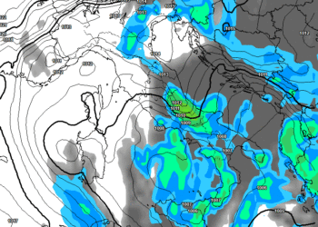 La situazione delle precipitazioni previste dal modello americano GFS, per Lunedì 31 Marzo, alle ore 14:00. Sulla Marsica, piogge e nevicate attorno ai 1400 m, ma in calo a seguire nella serata fin sui 1100/1200 m