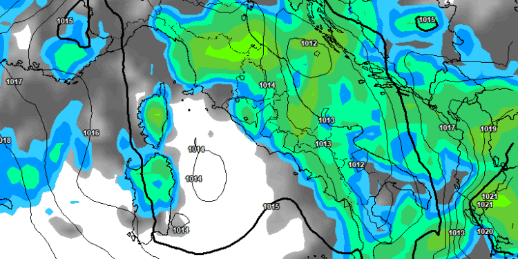 Secondo il modello americano GFS, la situazione per le ore 16:00 di Martedì 25 Marzo appare questa, con piogge moderate se non forti su tutto il territorio marsicano