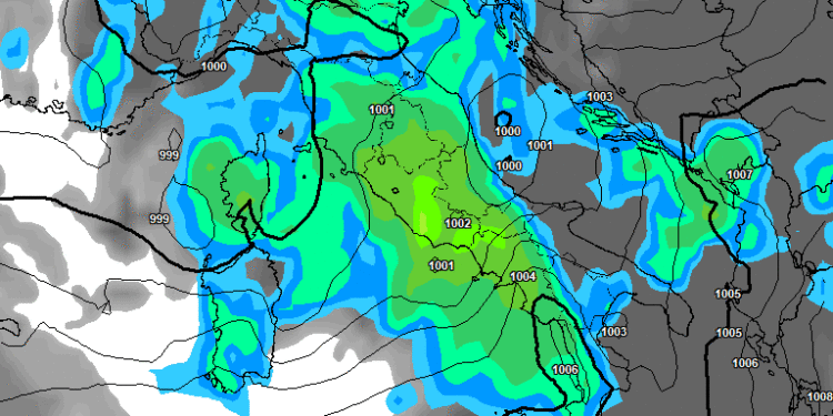 La situazione secondo il modello americano GFS la quale vede per Mercoledì sera dei fenomeni moderati su tutta la Marsica