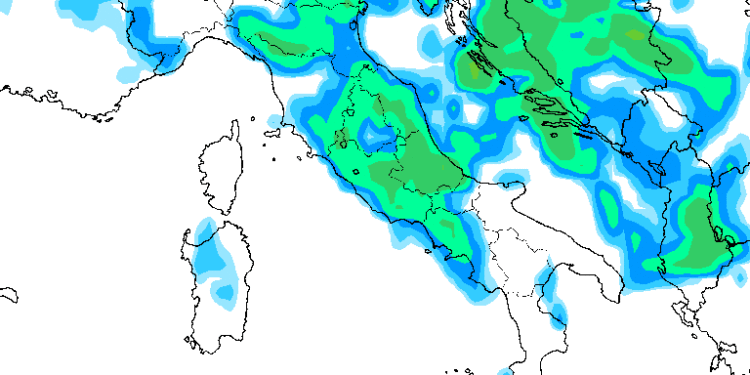 La situazione secondo GFS per le ore 14:00 per Mercoledì 21 Maggio. Piogge moderate su tutta l'area marsicana
