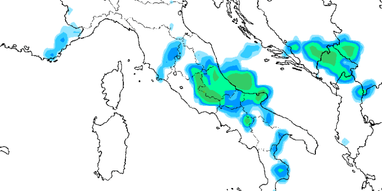 La situazione delle precipitazioni come appaiono nel primo pomeriggio di Martedì 17 Giugno. Sulla Marsica precipitazioni moderate ovunque