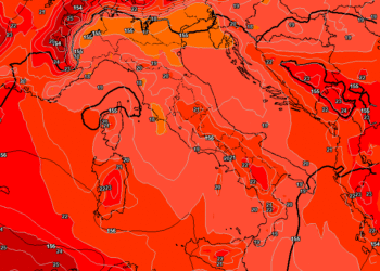 Ad 850 hpa questa potrà essere la situazione alle ore 14:00 di Mercoledì 25 Giugno. Temperature in aumento e cielo poco nuvoloso
