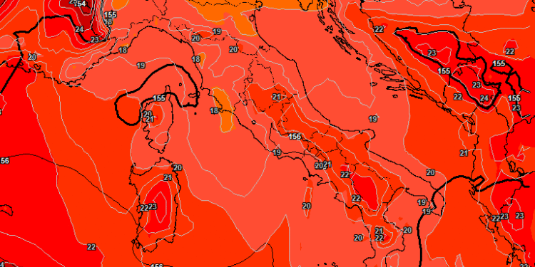 Ad 850 hpa questa potrà essere la situazione alle ore 14:00 di Mercoledì 25 Giugno. Temperature in aumento e cielo poco nuvoloso