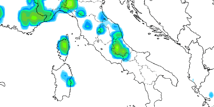 La possibile situazione sotto l'aspetto delle precipitazioni nel pomeriggio di Mercoledì 2 Luglio. Sulla Marsica saranno possibili dei fenomeni anche a carattere temporalesco