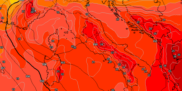 Ad 850 hpa ecco la situazione prevista dal modello americano GFS per le ore 14:00 di Mercoledì 16 Luglio. Temperature in aumento quindi, ma addensamenti pomeridiani piuttosto presenti