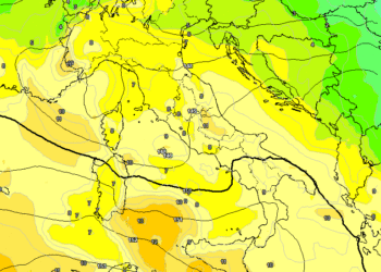 La situazione ad 850 hpa secondo GFS alle ore 16:00 di Martedì 28. Sulla Marsica, cielo poco nuvoloso e temperature miti