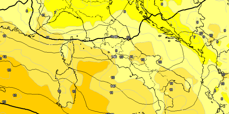 La situazione ad 850 hpa vista da GFS per le ore 14:00 di Mercoledì 22 Ottobre. Cielo variabile e scarse occasioni per deboli rovesci sparsi. Clima gradevole