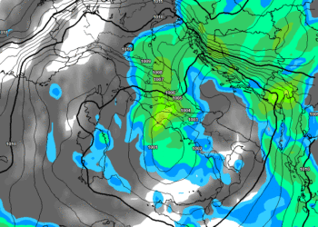 La situazione delle precipitazioni previste dal modello americano GFS alle ore 16:00. Sulla Marsica fenomeni copiosi, con nevicate sui rilievi oltre i 1000 m circa e localmente più in basso, specie in serata e nella nottata ove probabilmente potrà raggiungere anche il Fucino
