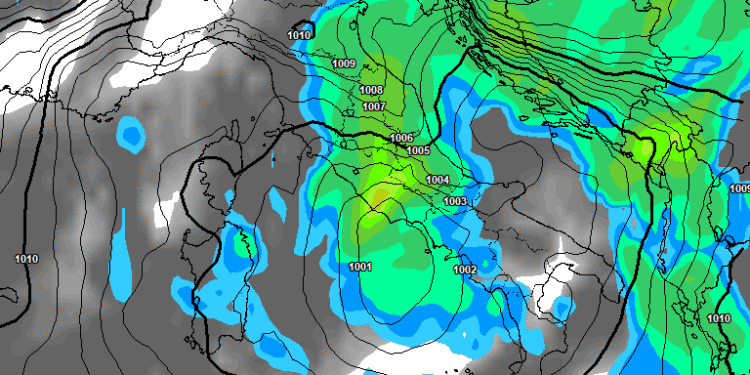 La situazione delle precipitazioni previste dal modello americano GFS alle ore 16:00. Sulla Marsica fenomeni copiosi, con nevicate sui rilievi oltre i 1000 m circa e localmente più in basso, specie in serata e nella nottata ove probabilmente potrà raggiungere anche il Fucino