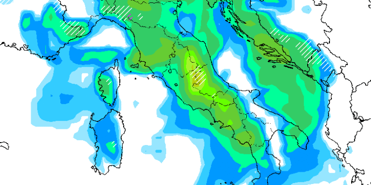 La situazione delle precipitazioni secondo il modello americano GFS, alle ore 13:00 di Mercoledì 28 Gennaio. Al momento appaiono piuttosto abbondanti sull area marsicana