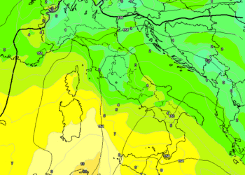 La situazione ad 850 hpa vista da GFS per le ore 13:00 di Mercoledì 14 Gennaio. Sulla Marsica condizioni di tempo discrete con il cielo che presenterà solo delle stratificazioni di passaggio e qualche locale addensamento sparso