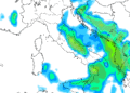 La situazione delle precipitazioni vista dal modello GFS per la serata di Mercoledì 18. Sulla Marsica piogge e nevicate fin sui 7/800 m, specie settori orientali