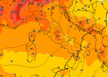 Secondo il modello americano GFS, ecco la situazione delle temperature ad 850 hpa previste per le ore 14:00 di Martedì 26, cui si evidenzia un aumento sui settori marsicani