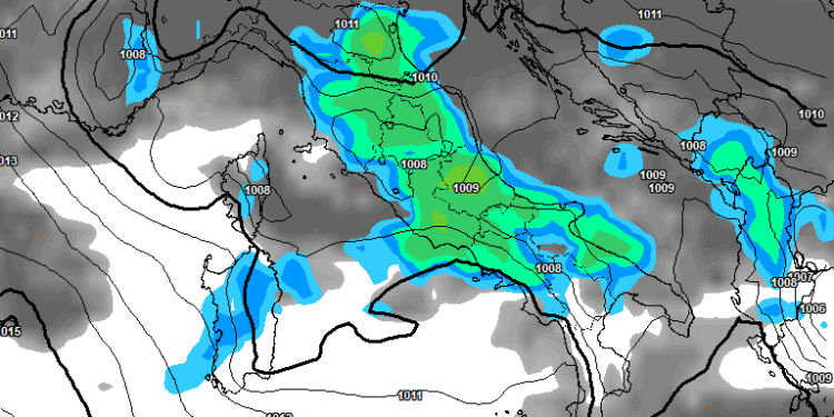 La situazione delle precipitazioni viste da GFS nella alle ore 14:00 di Mercoledì 13 Maggio.