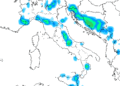 La situazione delle precipitazioni possibili nel corso del primo pomeriggio di Martedì secondo GFS. Saranno possibili sul territorio marsicano come anche negli altri pomeriggi