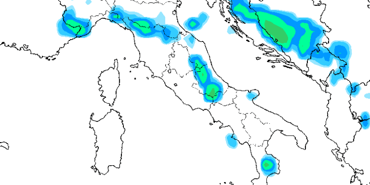 La situazione delle precipitazioni possibili nel corso del primo pomeriggio di Martedì secondo GFS. Saranno possibili sul territorio marsicano come anche negli altri pomeriggi