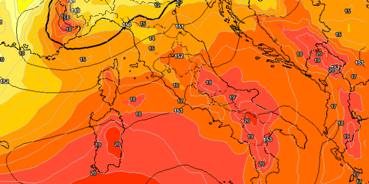 La situazione ad 850 hpa secondo il modello americano GFS per Mercoledì 10 Giugno. Bel tempo e temperature in aumento, sul territorio marsicano