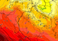 Al momento il modello americano GFS vede questa situazione ad 850 hpa, con le temperature in sensibile diminuzione, mentre ci saranno anche dei possibili temporali in atto