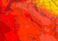 La possibile situazione del campo termico ad 850 hpa prevista da GFS per le ore 14:00 di Giovedì 9. Caldo ovunque sul territorio marsicano con dei valori massimi fin sui +36°c