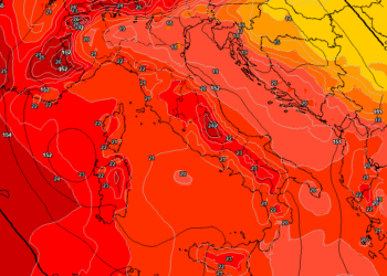 La possibile situazione del campo termico ad 850 hpa prevista da GFS per le ore 14:00 di Giovedì 9. Caldo ovunque sul territorio marsicano con dei valori massimi fin sui +36°c