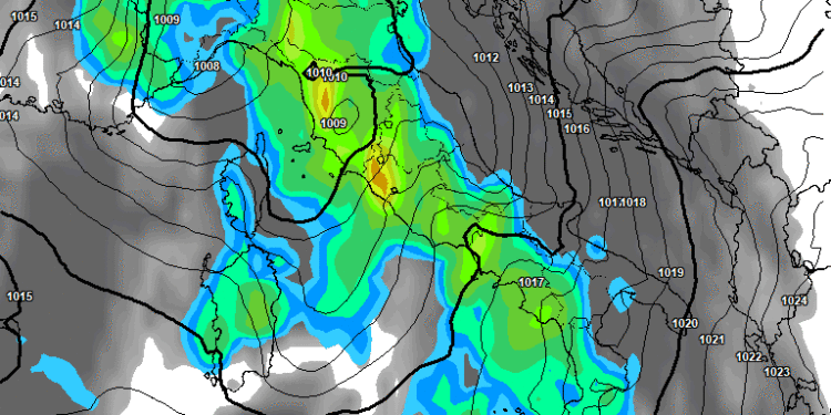 La situazione delle precipitazioni viste da GFS per le ore 05:00 di Mercoledì 21 Ottobre. Possibilità di precipitazioni moderate su tutta la Marsica